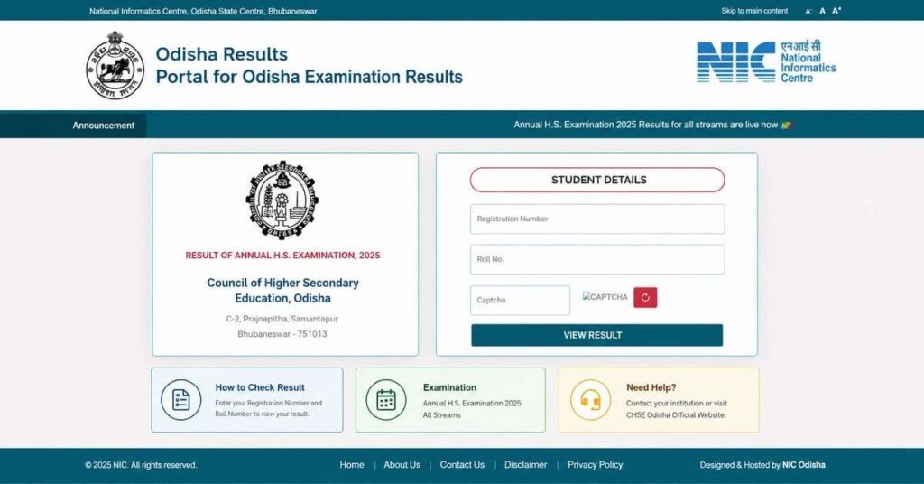 Odisha Board 12th Result Homepage