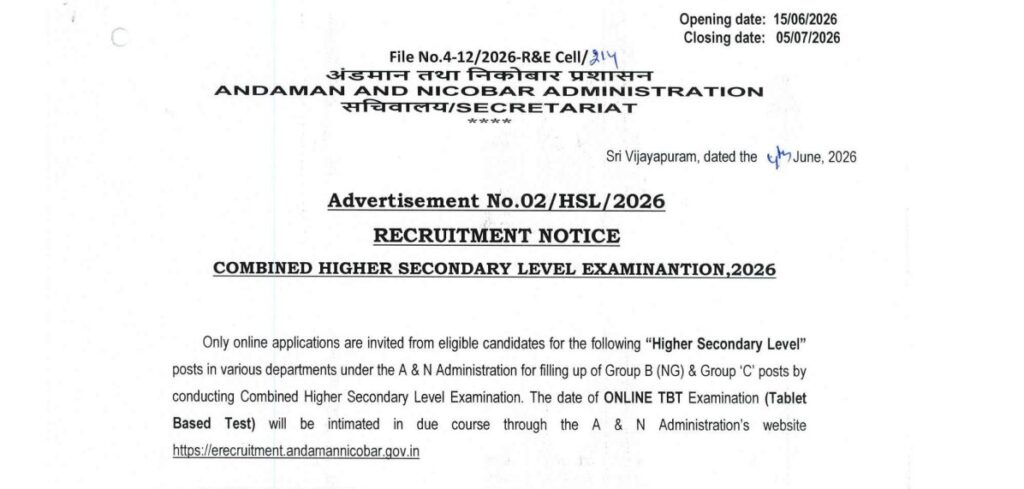 Andaman Nicobar CHSL Vacancy 2026 Notification 