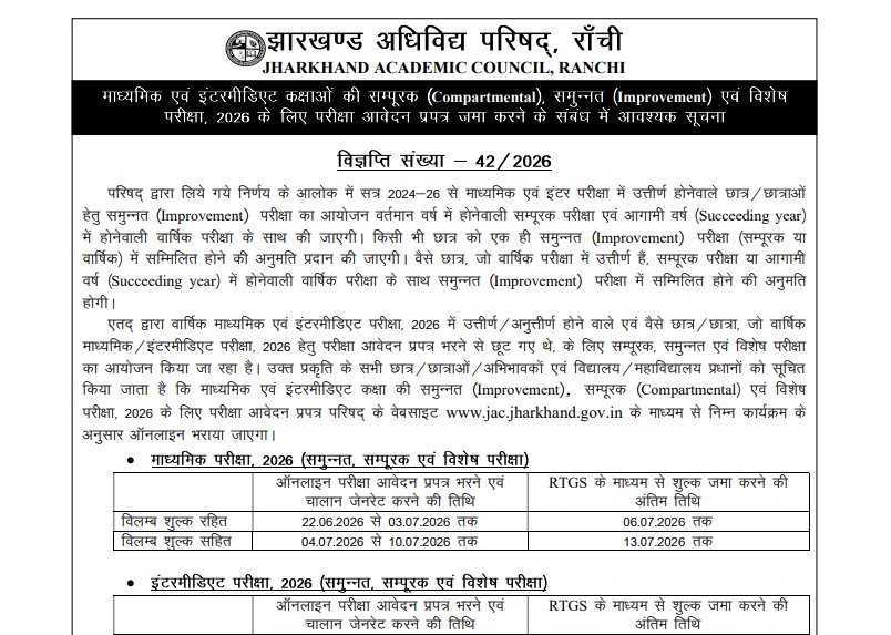 JAC Board 10th Compartmental Exam Form 2026 Notification